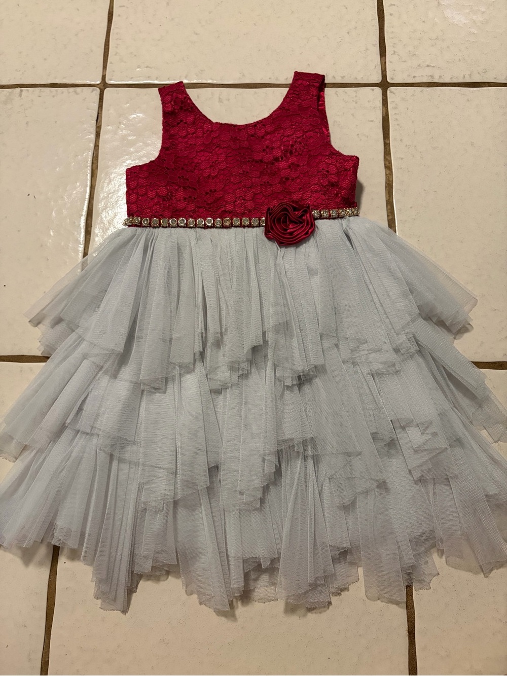 Red Lace & greyish Tulle Party Dress for Kids - Elegant Flower Waistband